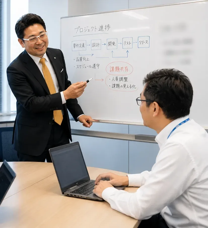会議室でホワイトボードに開発の工程を書き、説明しているイメージ画像(AI生成)