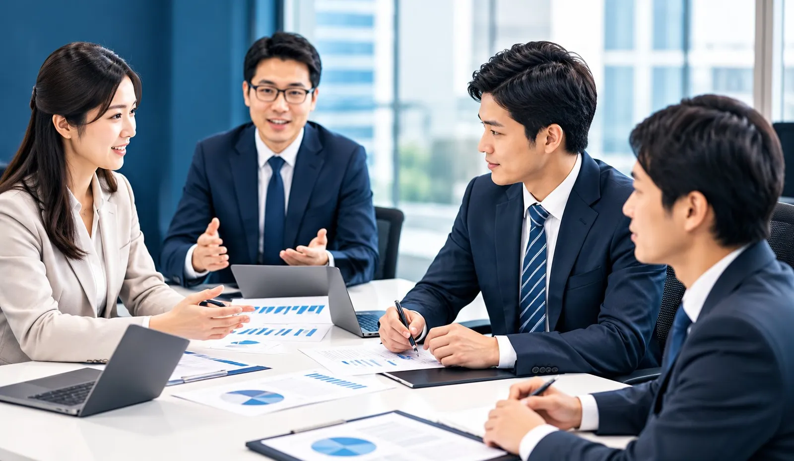 会議室でノートパソコンや資料を囲み、笑顔で話し合うチームのイメージ画像（AI生成）