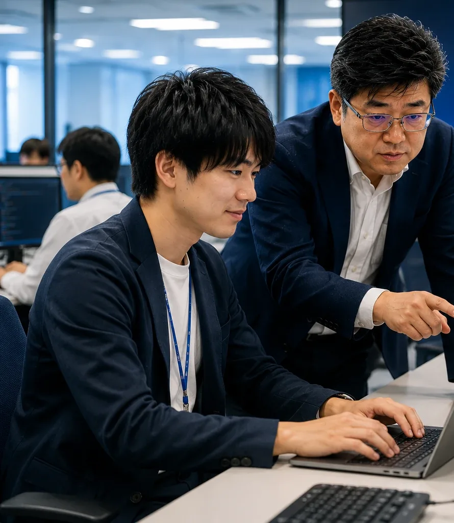 オフィスで、パソコンに向かうエンジニアに年長のエンジニアが助言しているイメージ画像（AI生成）