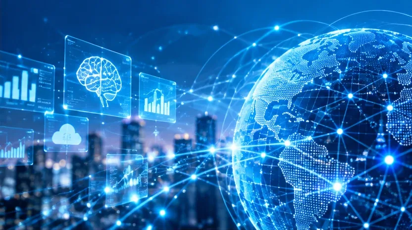 地球とネットワークの光、AIやデータを表すパネルのイメージ画像（AI生成）