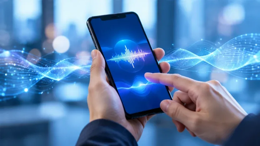 音声の波形が映るスマートフォンを操作する手元のイメージ画像（AI生成）