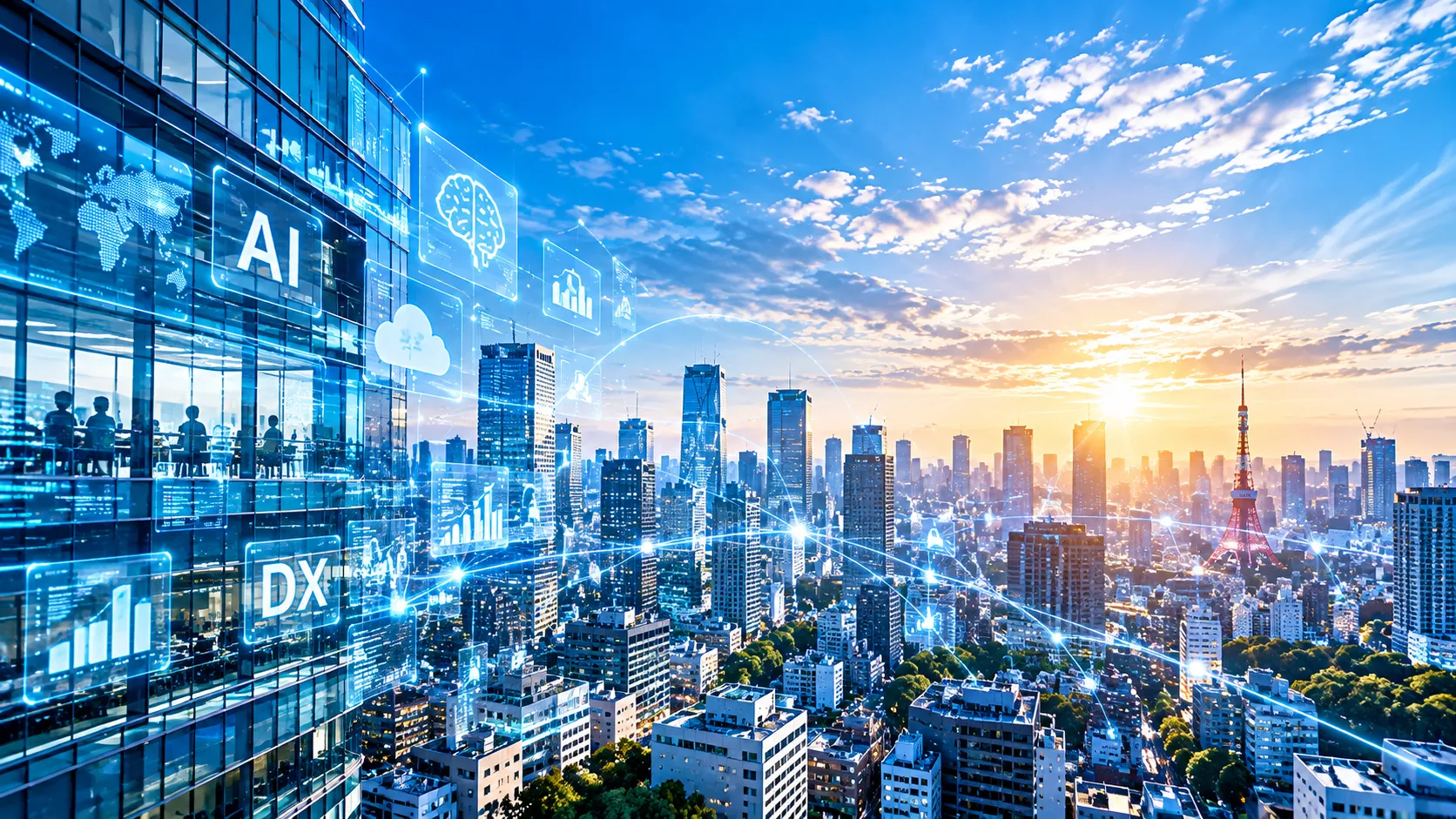 AI・DXのパネルが浮かぶ、青空と高層ビル街のイメージ画像（AI生成）